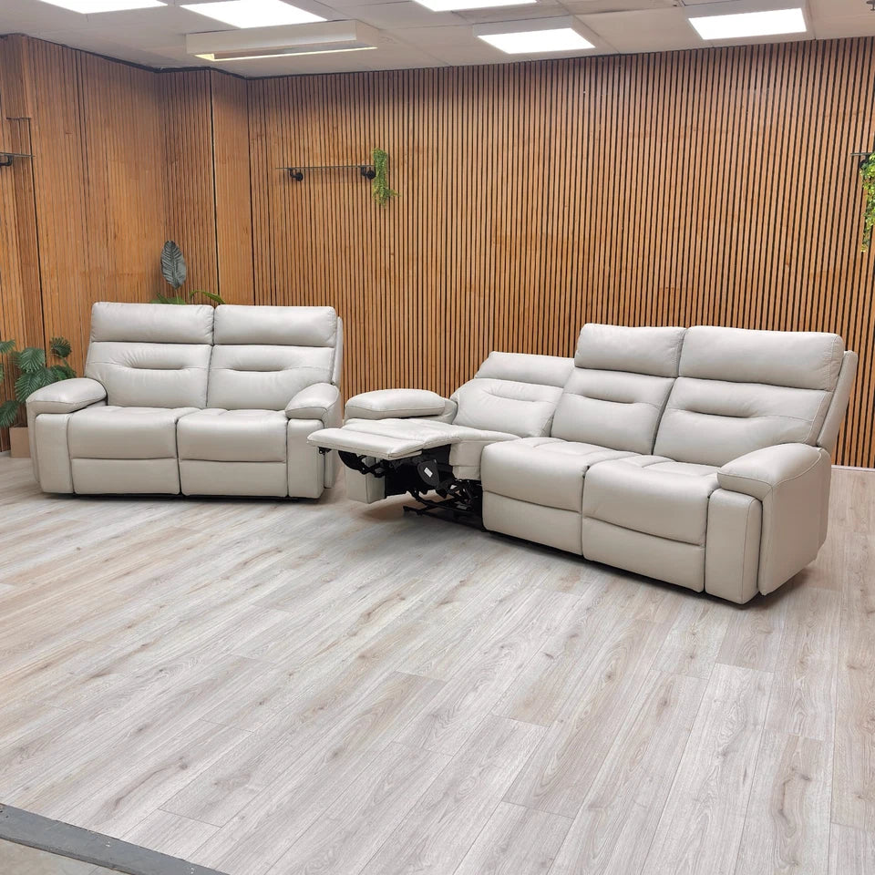 ‘Cinemax’ Le-9317 Alpha Grey Matte Leather 3 + 2 Power Recliner Sofa Set with Power Headrests and Media Arms