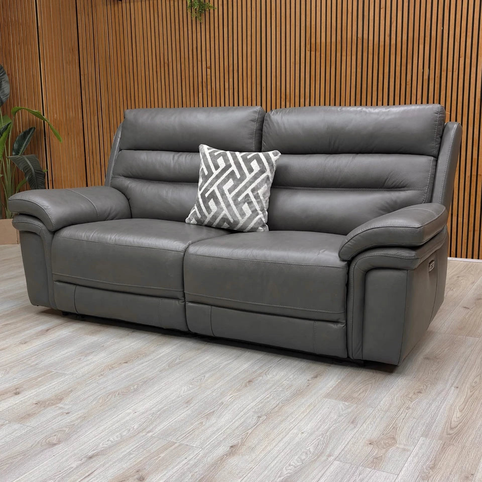 ‘Berlin' Grey Le-9308 Leather 3 Seater Power Recliner Sofa with Power Headrest