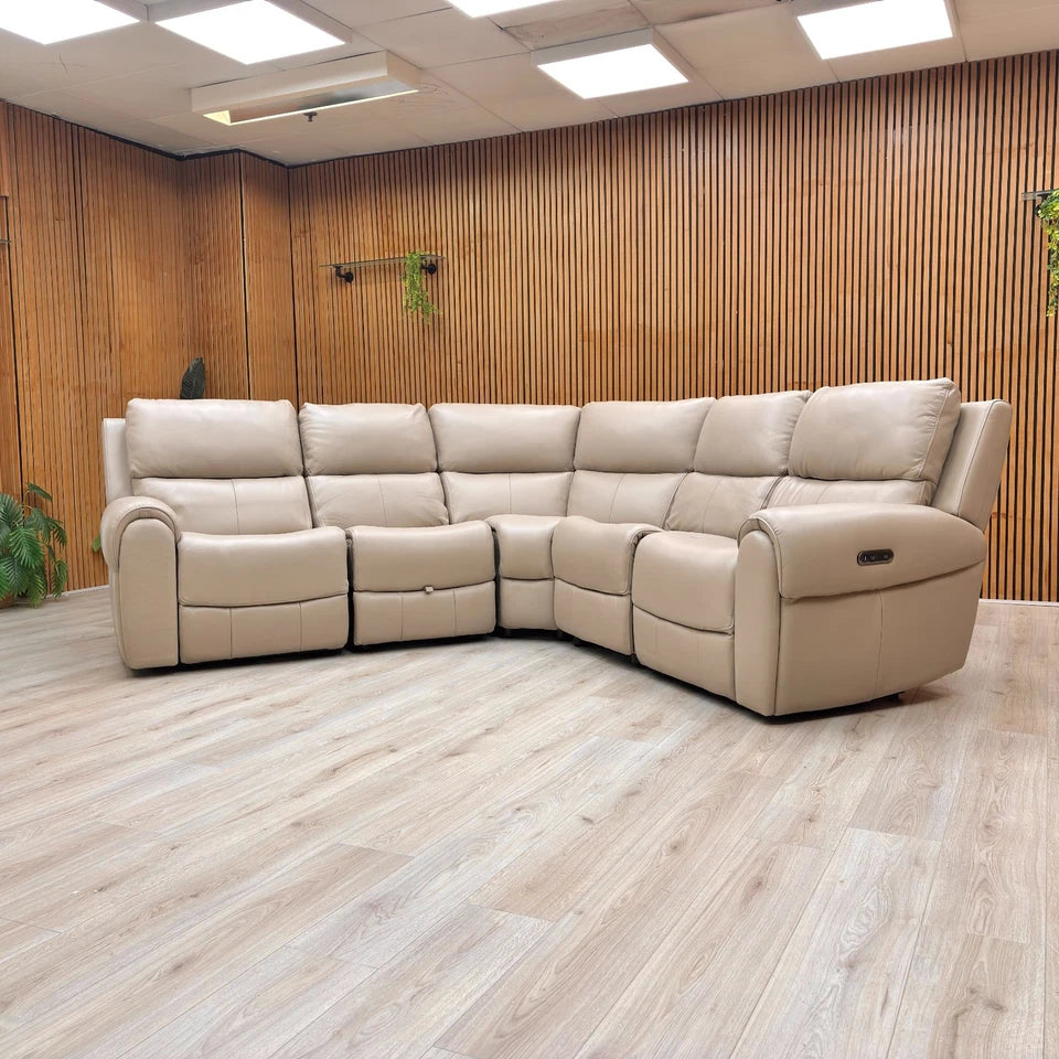 ‘Ezra’ Oyster Leather Power Recliner Modular 2 Corner 2 Sofa with Cup Holders and Storage