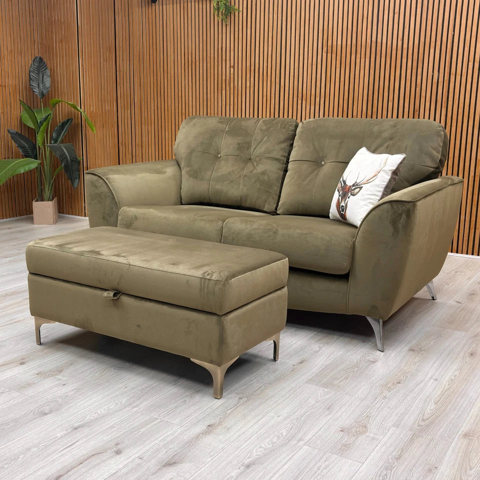 ‘Dawson’ Khaki Dawson Velvet 2 Seater Sofa + ‘Ava’ Khaki Ava Velvet Storage Footstool