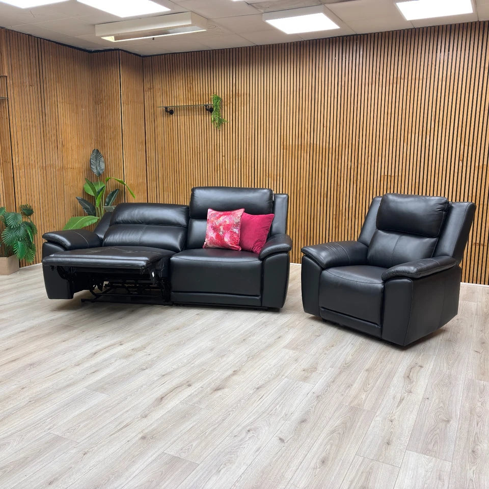 ‘Utah’ Natural Black Mica La4820 Leather 3 Seater Power Recliner Sofa with Power Headrests, Power Lumbar and Heated Seats + Power Recliner Armchair