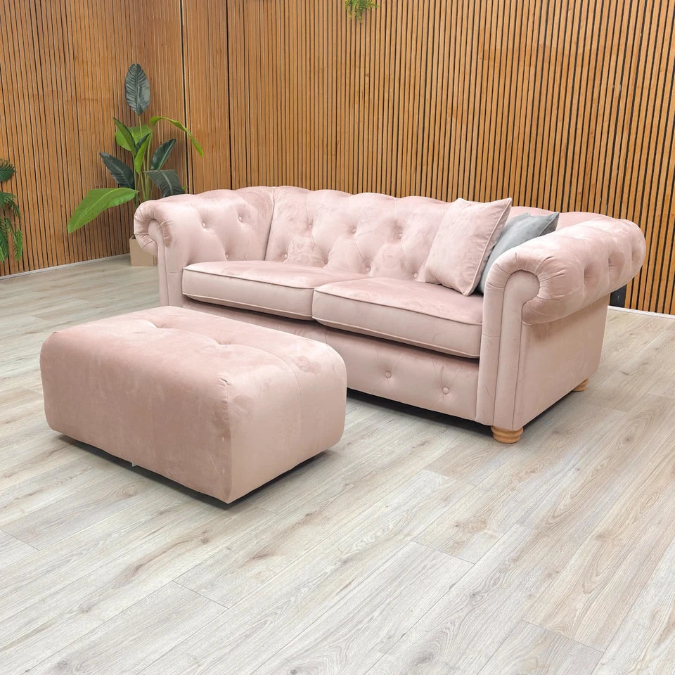 ‘Belair’ Blush Pink Sensual Velvet 3 Seater Sofa + Small Button Top Footstool