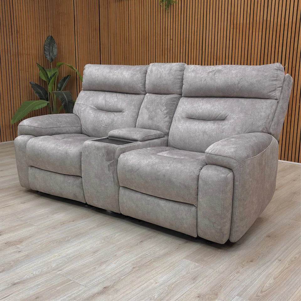 ‘Cinemax' Np-1107 Nappa Grey Fabric 2 Seater Power Recliner Sofa with Power Headrests and Media Arms