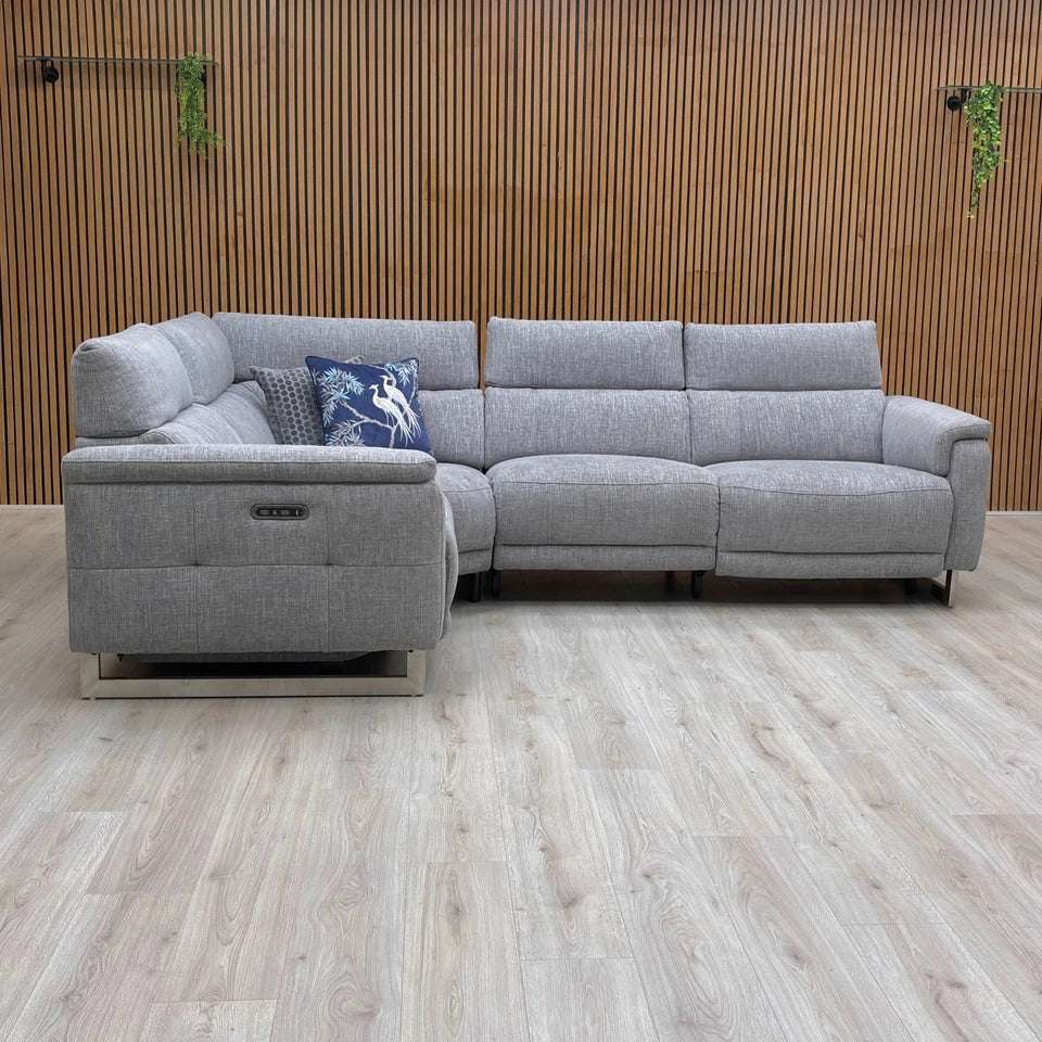 ‘Moet' 12445 Anivia Grey Fabric Double Power Recliner Left Hand Facing Corner Sofa with Telescopic Headrests
