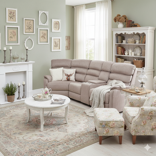 Living room with beige sectional sofa, floral armchair, and decorative elements.