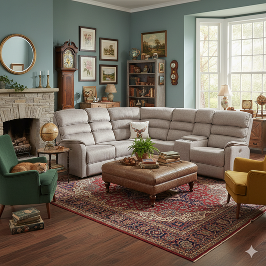 Living room with a sectional sofa, armchair, and coffee table.