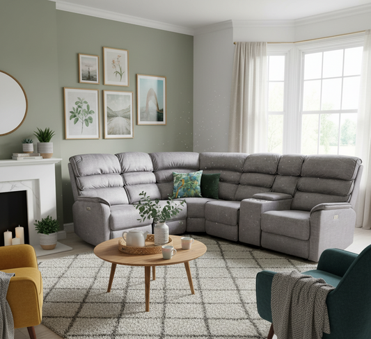Living room with a gray sectional sofa, round wooden coffee table, and decorative elements.