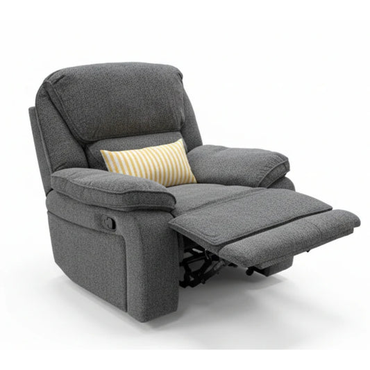 'Costa' Manual Recliner Charcoal Grey Weave Fabric Armchair, product photo shown reclined with footrest extended on a white background