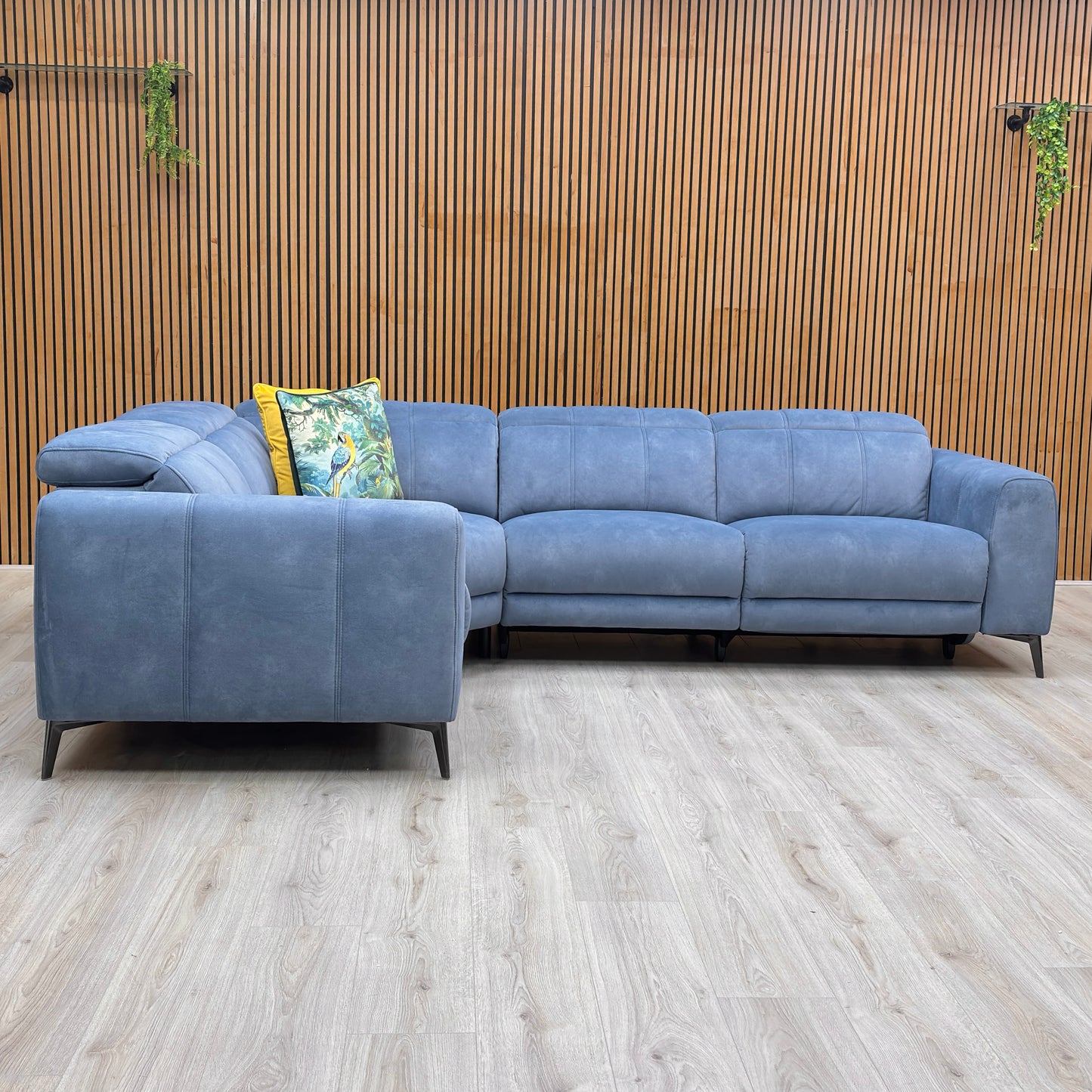 ‘Ezra’ Dexter 43525 Wave Blue Velvet Left Hand Facing Power Recliner Corner Sofa with Power Headrest
