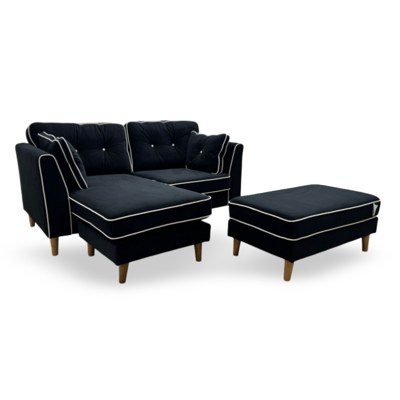 Rugby Black Velvet Fabric 3 Seater Reversible Lounger with Footstool