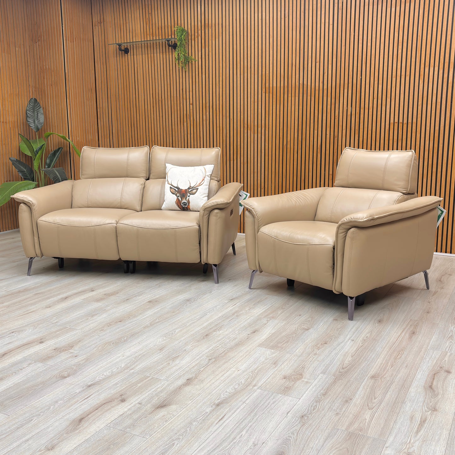 ‘Jude’ Montana Barley Cat-60:06 Leather 2 Seater Power Recliner Sofa with Telescopic Headrest + Power Armchair with Telescopic Headrest