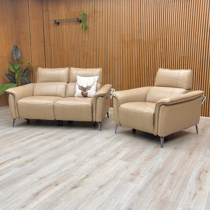 ‘Jude’ Montana Barley Cat-60:06 Leather 2 Seater Power Recliner Sofa with Telescopic Headrest + Power Armchair with Telescopic Headrest