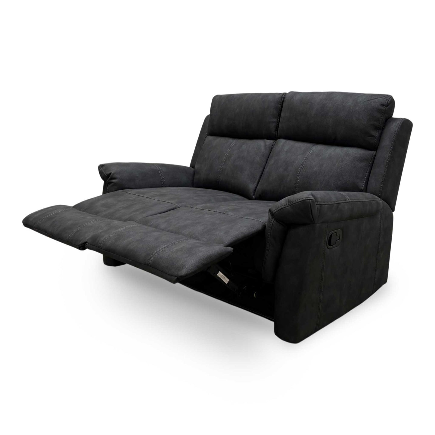 Full view of Oscar 2-seater manual recliner sofa in charcoal soft leather featuring a modern silhouette and plush cushioning.