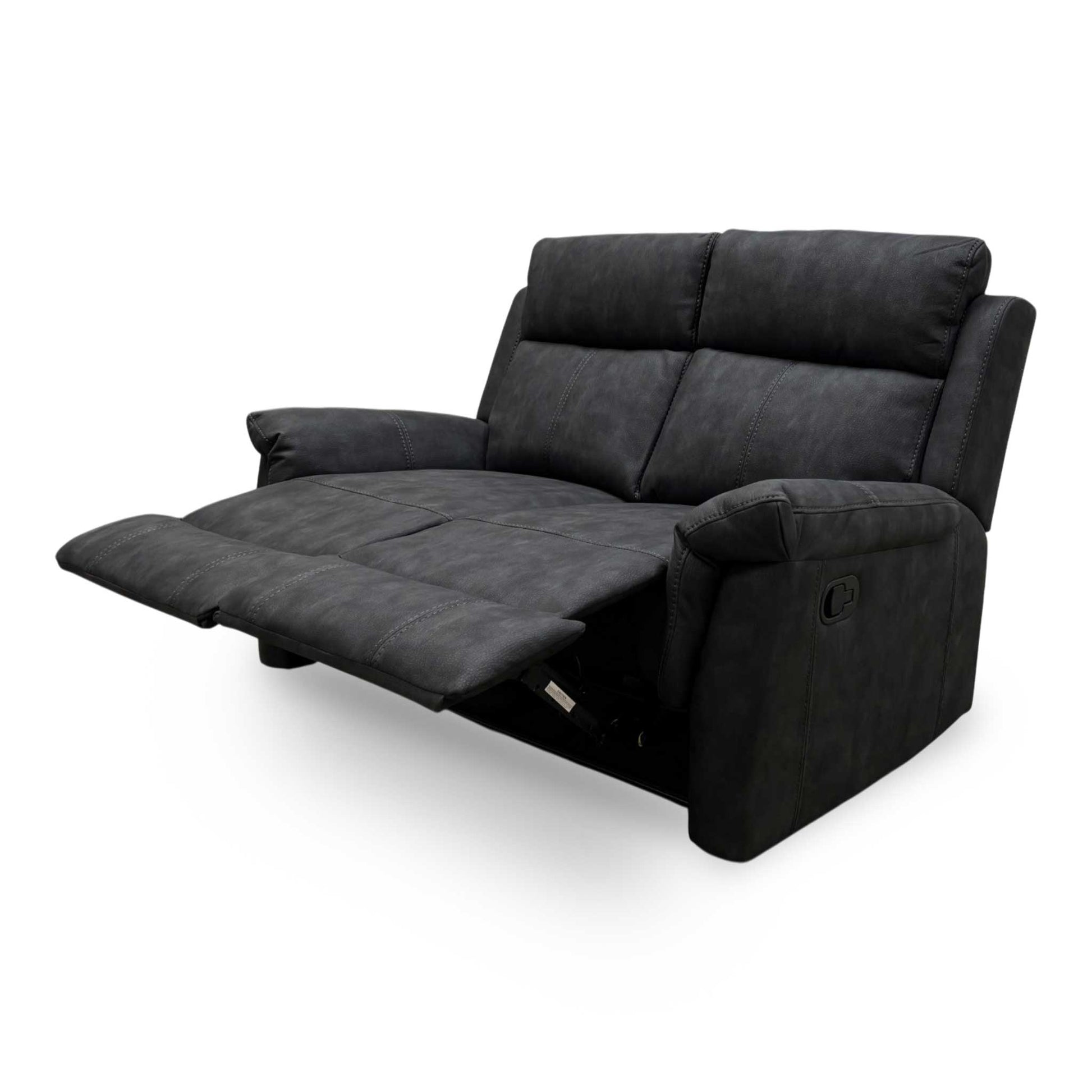 Full view of Oscar 2-seater manual recliner sofa in charcoal soft leather featuring a modern silhouette and plush cushioning.