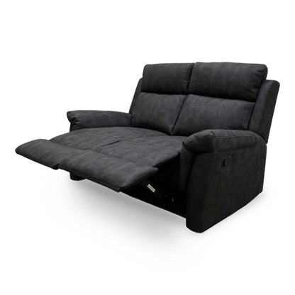 Full view of Oscar 2-seater manual recliner sofa in charcoal soft leather featuring a modern silhouette and plush cushioning.