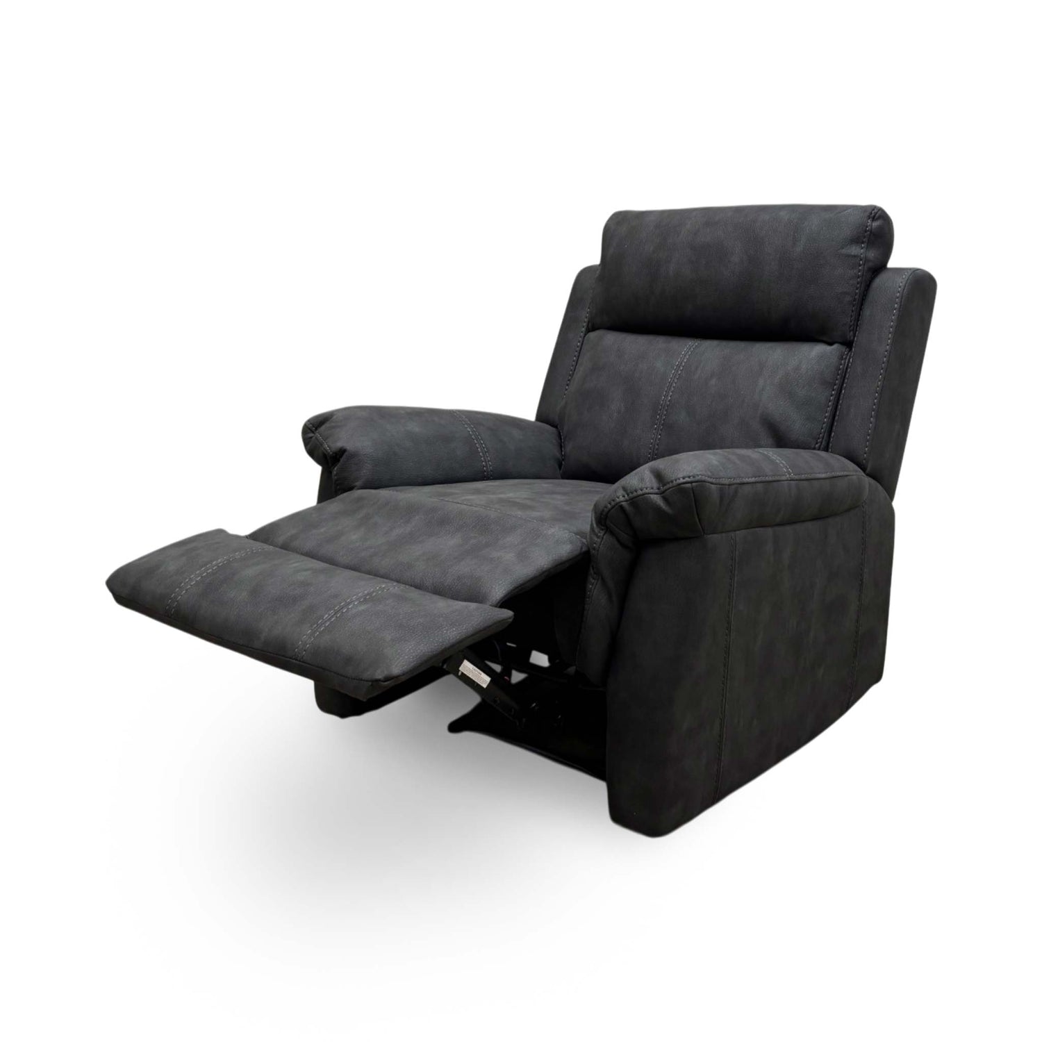 Full view of Oscar manual recliner armchair in charcoal soft leather featuring a plush backrest and padded armrests.