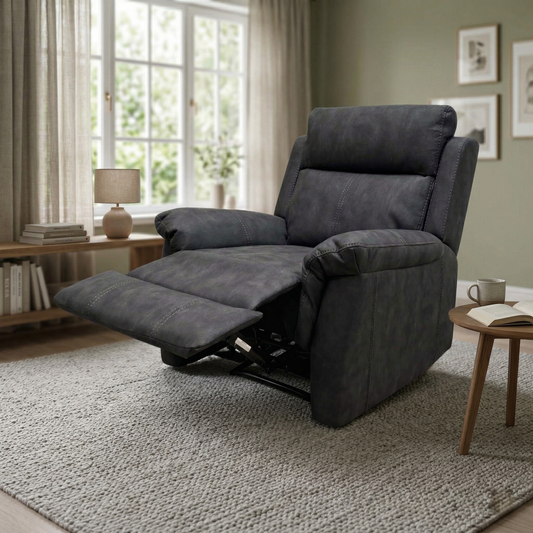 Living room setting with the Oscar charcoal leather recliner armchair.