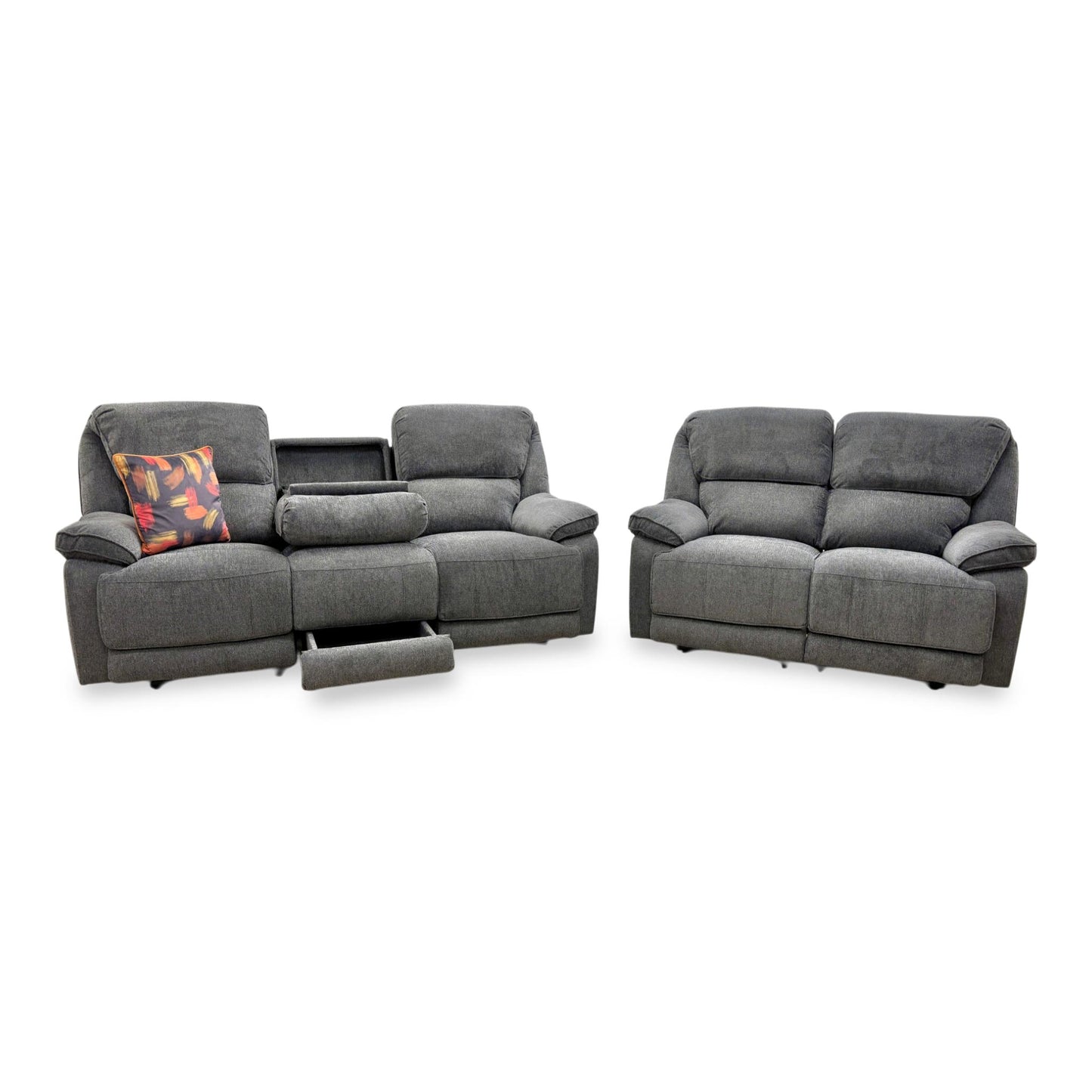 Front view of the Costa 3-seater recliner sofa highlighting the center storage console and cupholders.