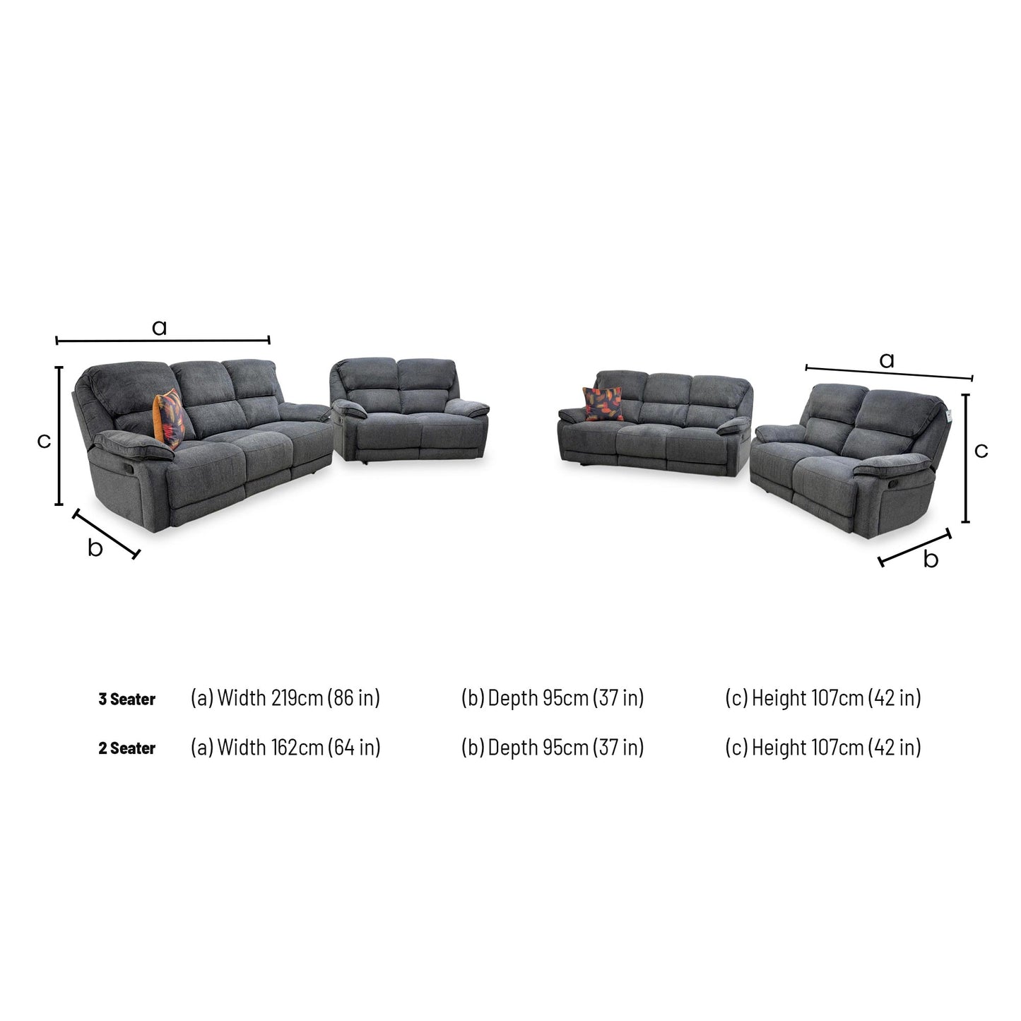 Technical dimension diagram for the Costa 3+2 sofa set, including width, depth, and height for both units.