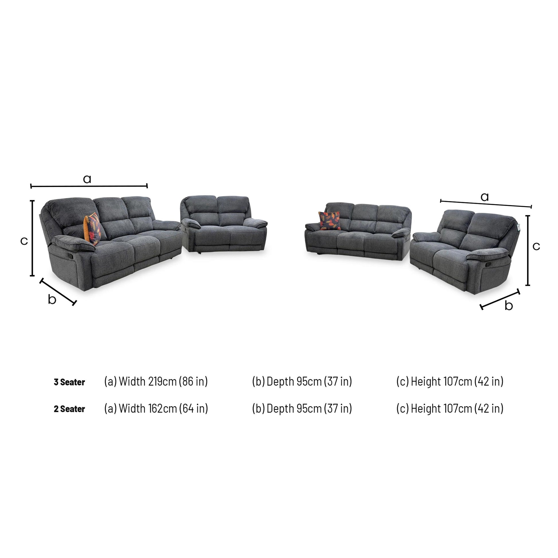 Technical dimension diagram for the Costa 3+2 sofa set, including width, depth, and height for both units.