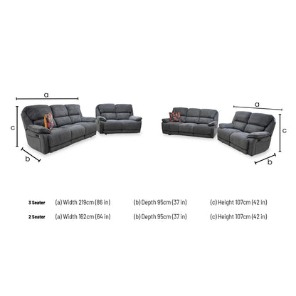 Technical dimension diagram for the Costa 3+2 sofa set, including width, depth, and height for both units.