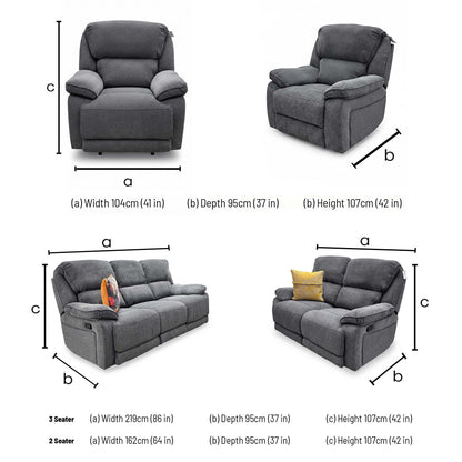 'Costa' Charcoal Grey Weave Fabric Manual Recliner Sofa Set – 3 Seater with Cupholders & Storage + 2 Seater & Armchair