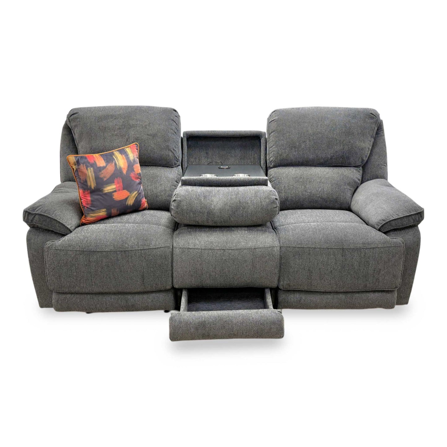 Front view of the Costa manual recliner sofa showing the fabric finish on the back panels.