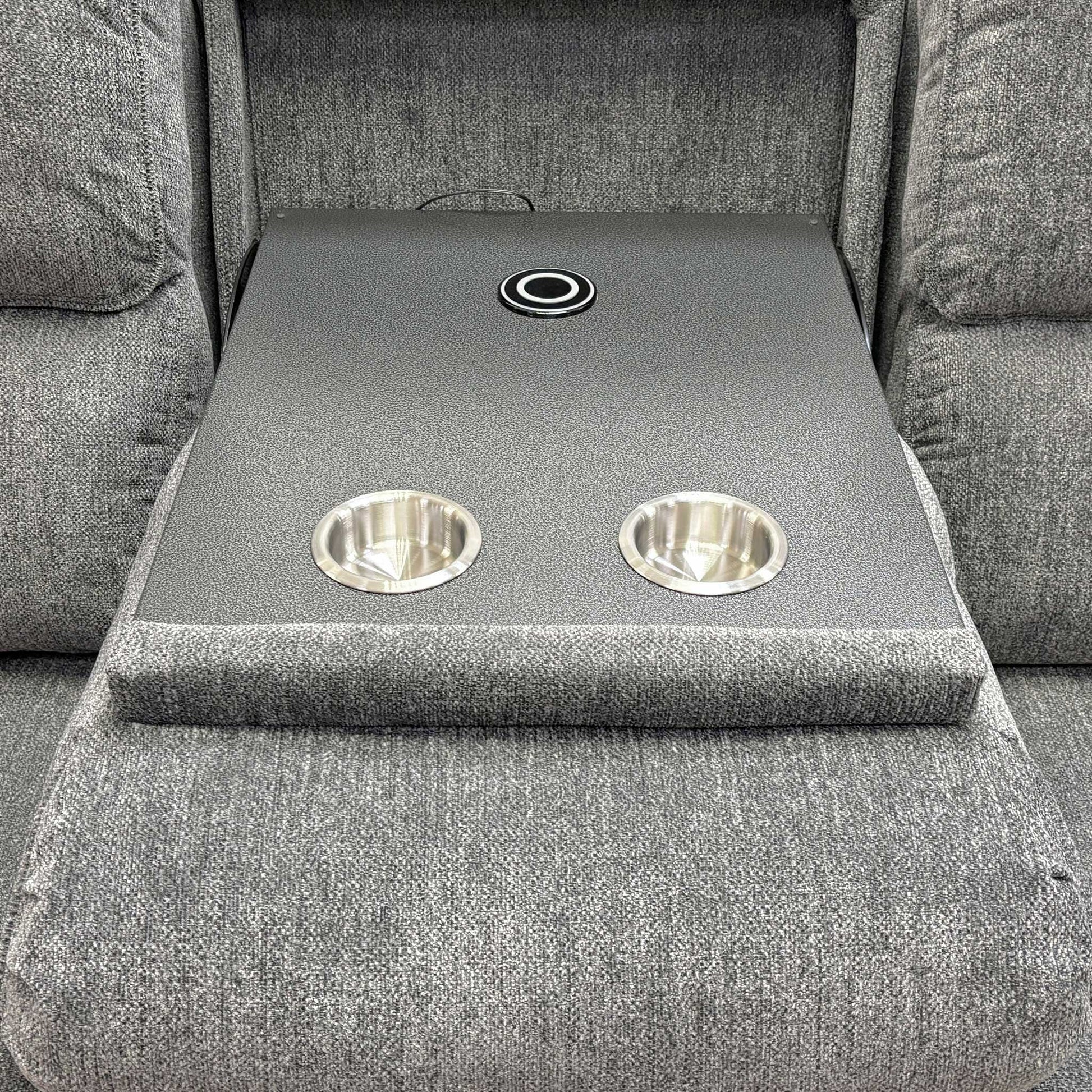 Close up shot of the Costa 3-seater sofa with cupholders in a bright, modern living room.