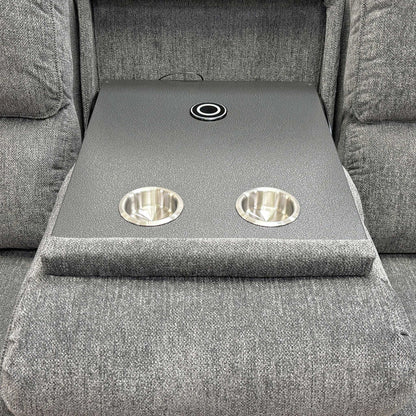 Close up shot of the Costa 3-seater sofa with cupholders in a bright, modern living room.