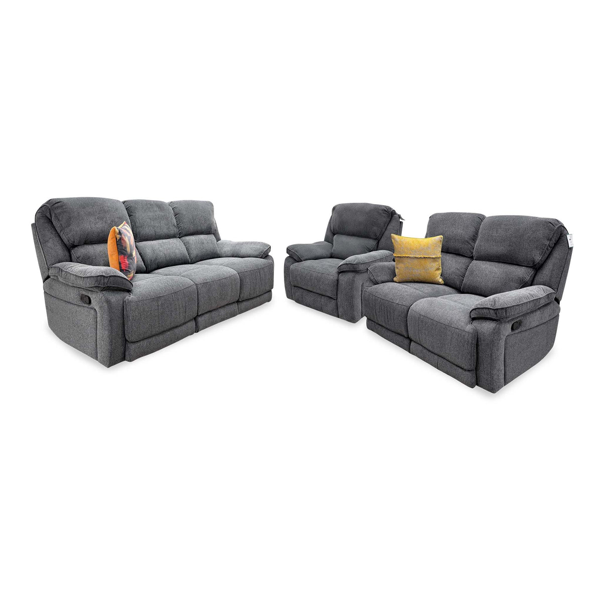 'Costa' Charcoal Grey Weave Fabric Manual Recliner Sofa Set – 3 Seater with Cupholders & Storage + 2 Seater & Armchair