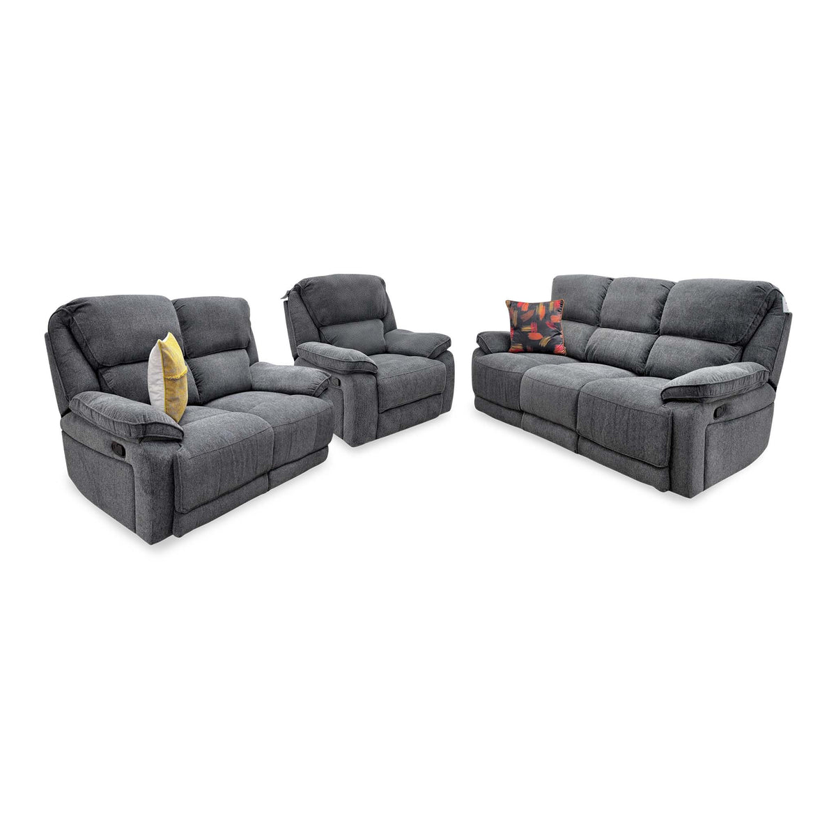 'Costa' Charcoal Grey Weave Fabric Manual Recliner Sofa Set – 3 Seater with Cupholders & Storage + 2 Seater & Armchair