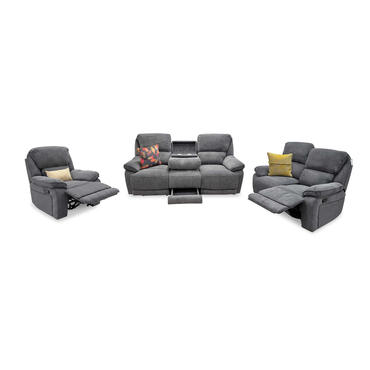 'Costa' Charcoal Grey Weave Fabric Manual Recliner Sofa Set – 3 Seater with Cupholders & Storage + 2 Seater & Armchair
