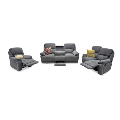 'Costa' Charcoal Grey Weave Fabric Manual Recliner Sofa Set – 3 Seater with Cupholders & Storage + 2 Seater & Armchair