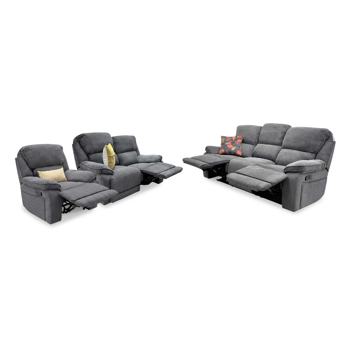 'Costa' Charcoal Grey Weave Fabric Manual Recliner Sofa Set – 3 Seater with Cupholders & Storage + 2 Seater & Armchair