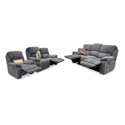 'Costa' Charcoal Grey Weave Fabric Manual Recliner Sofa Set – 3 Seater with Cupholders & Storage + 2 Seater & Armchair
