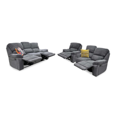 'Costa' Charcoal Grey Weave Fabric Manual Recliner Sofa Set – 3 Seater with Cupholders & Storage + 2 Seater & Armchair