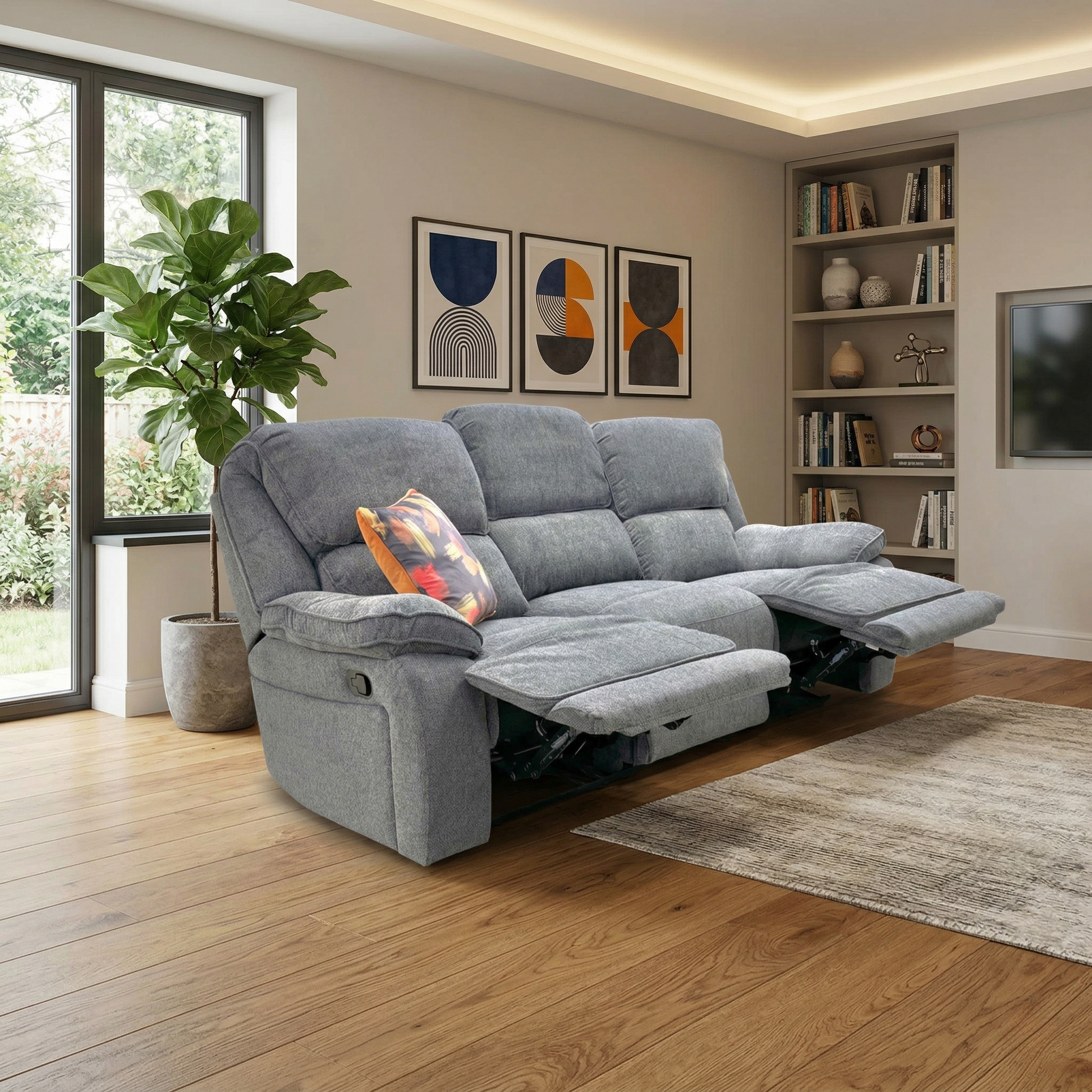 Living room shot of the Costa 3-seater sofa with cupholders in a bright, modern living room.