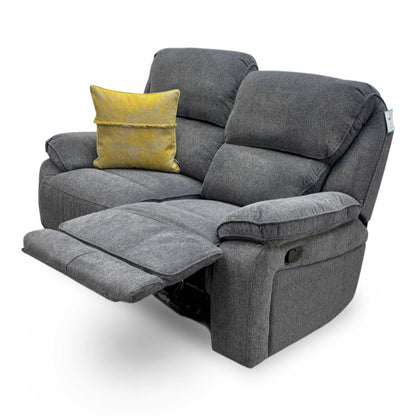 Side view of the durable charcoal grey weave fabric and quality stitching on the Costa sofa.