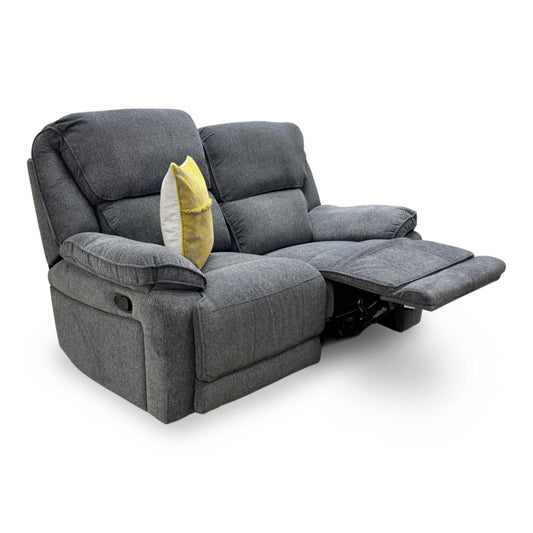 Full view of Costa 2-seater manual recliner sofa in charcoal grey weave fabric with padded headrests and armrests.