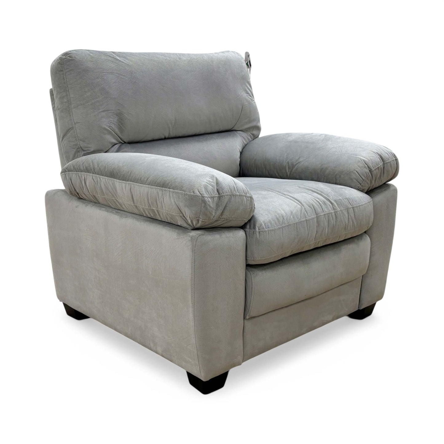 Full view of Thornbrook 'Jordan' armchair upholstered in soft light grey velvet with deep seating.