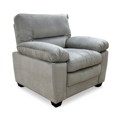 Full view of Thornbrook 'Jordan' armchair upholstered in soft light grey velvet with deep seating.