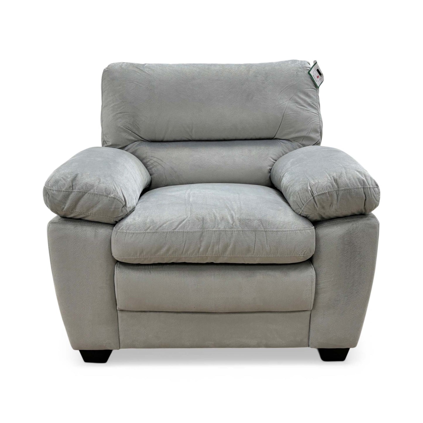 front view of the light grey velvet upholstery and plush seat cushion.