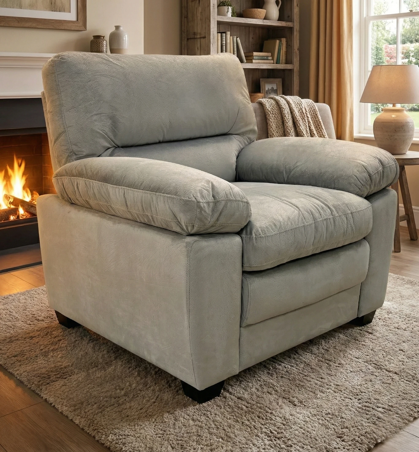 Living room view setting of the Jordan light grey velvet armchair in a modern living room.