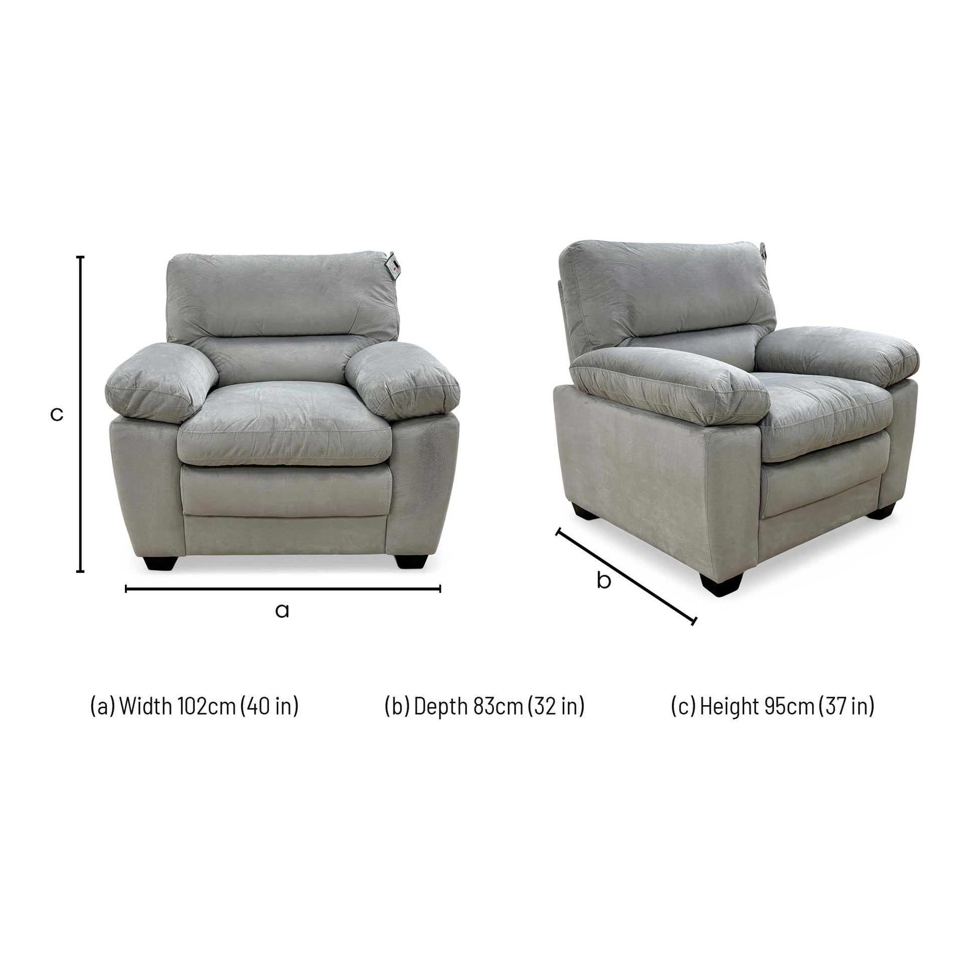 Dimension diagram for the Thornbrook Jordan light grey velvet armchair.