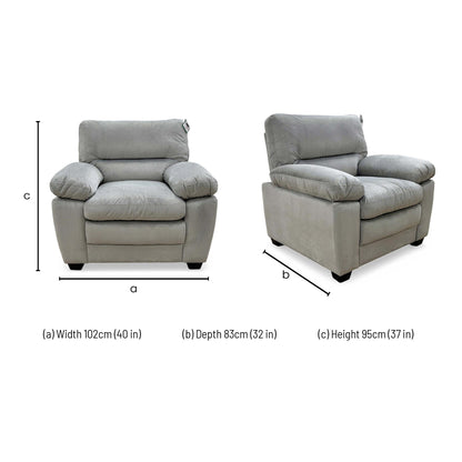 Dimension diagram for the Thornbrook Jordan light grey velvet armchair.