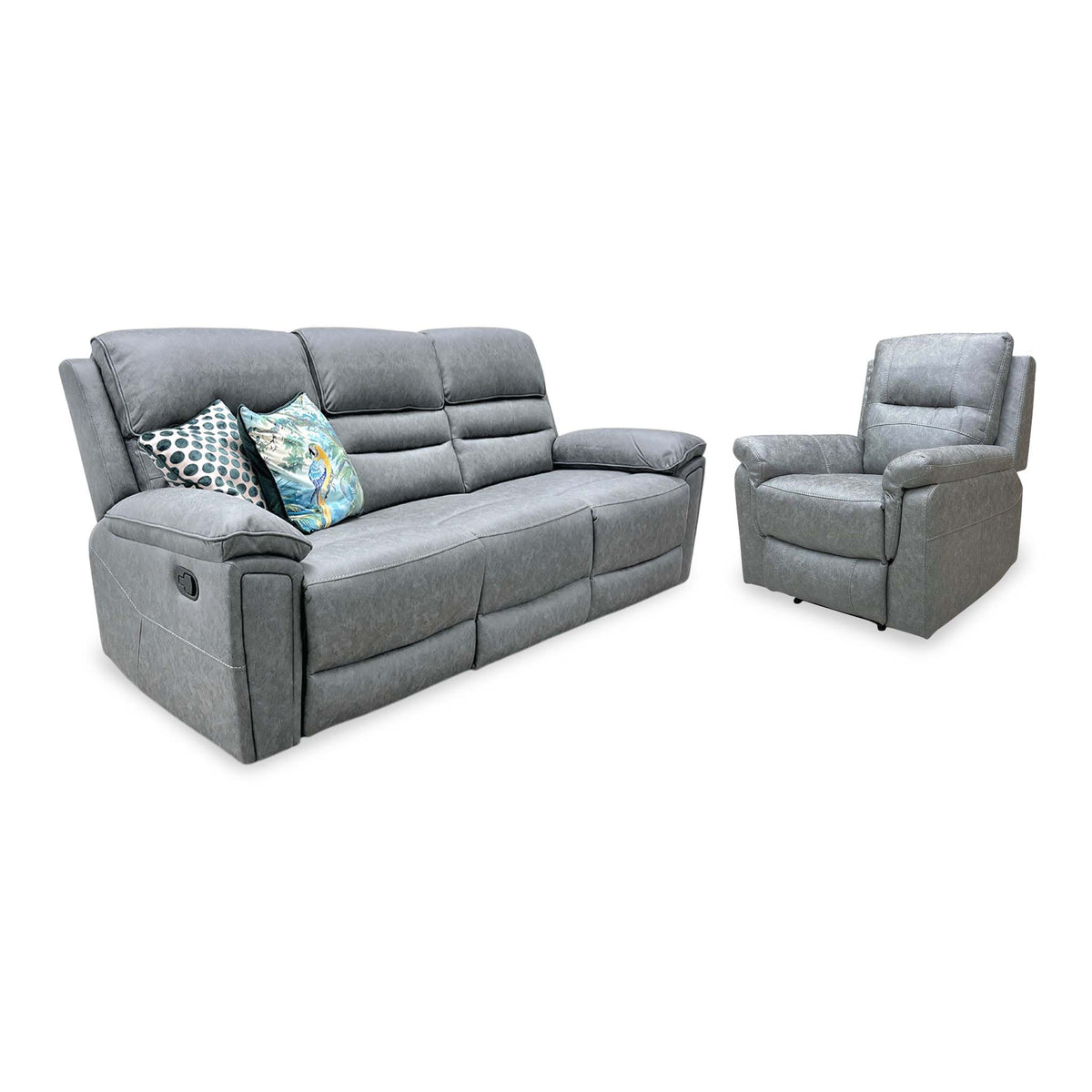 Azzurri grey fabric manual recliner 3 seater sofa and armchair upright, angled from the left