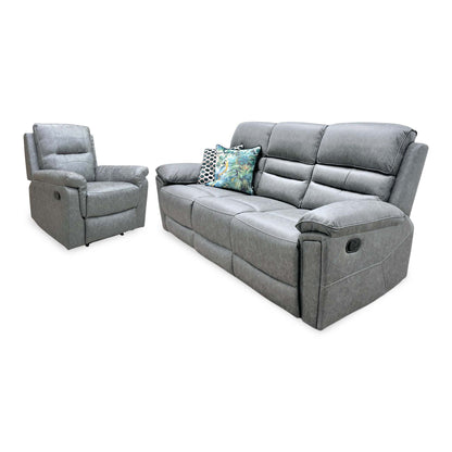 Azzurri grey fabric manual recliner armchair and 3 seater sofa upright, angled from the right