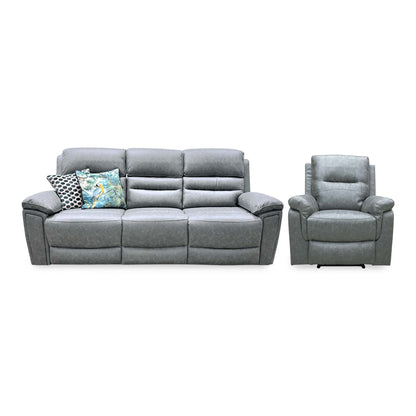 Front view of the Azzurri grey fabric manual recliner 3 seater sofa and armchair with patterned scatter cushions