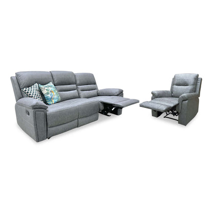 Azzurri grey fabric manual recliner 3 seater sofa and armchair with both reclined and footrests raised, angled view