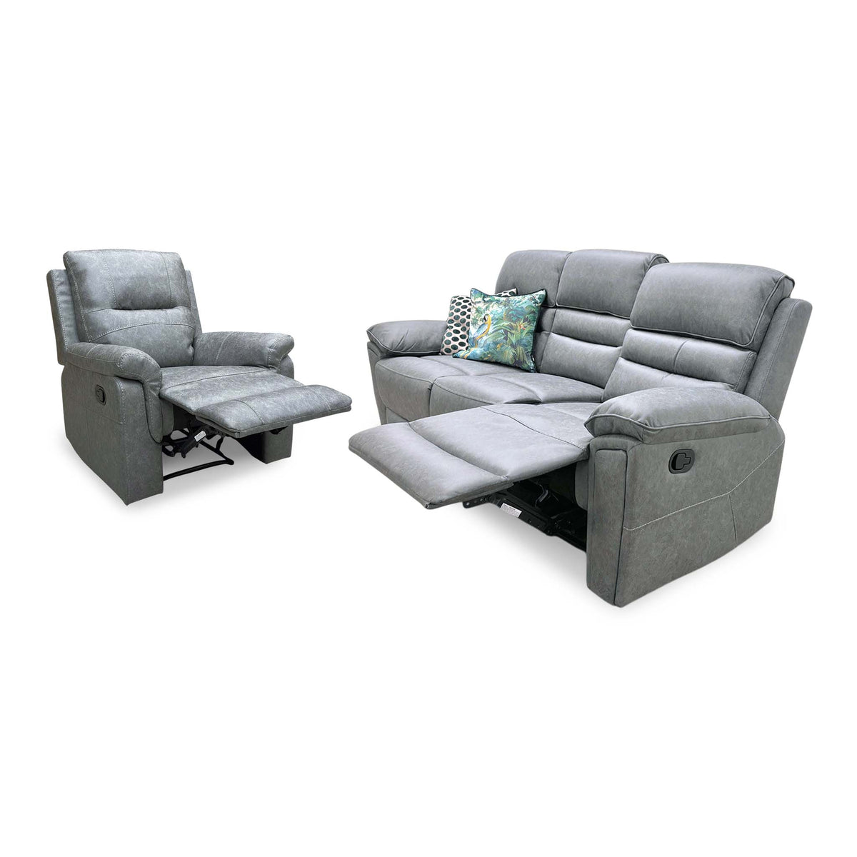 Azzurri grey fabric manual recliner armchair and 3 seater sofa, both shown in the reclined position